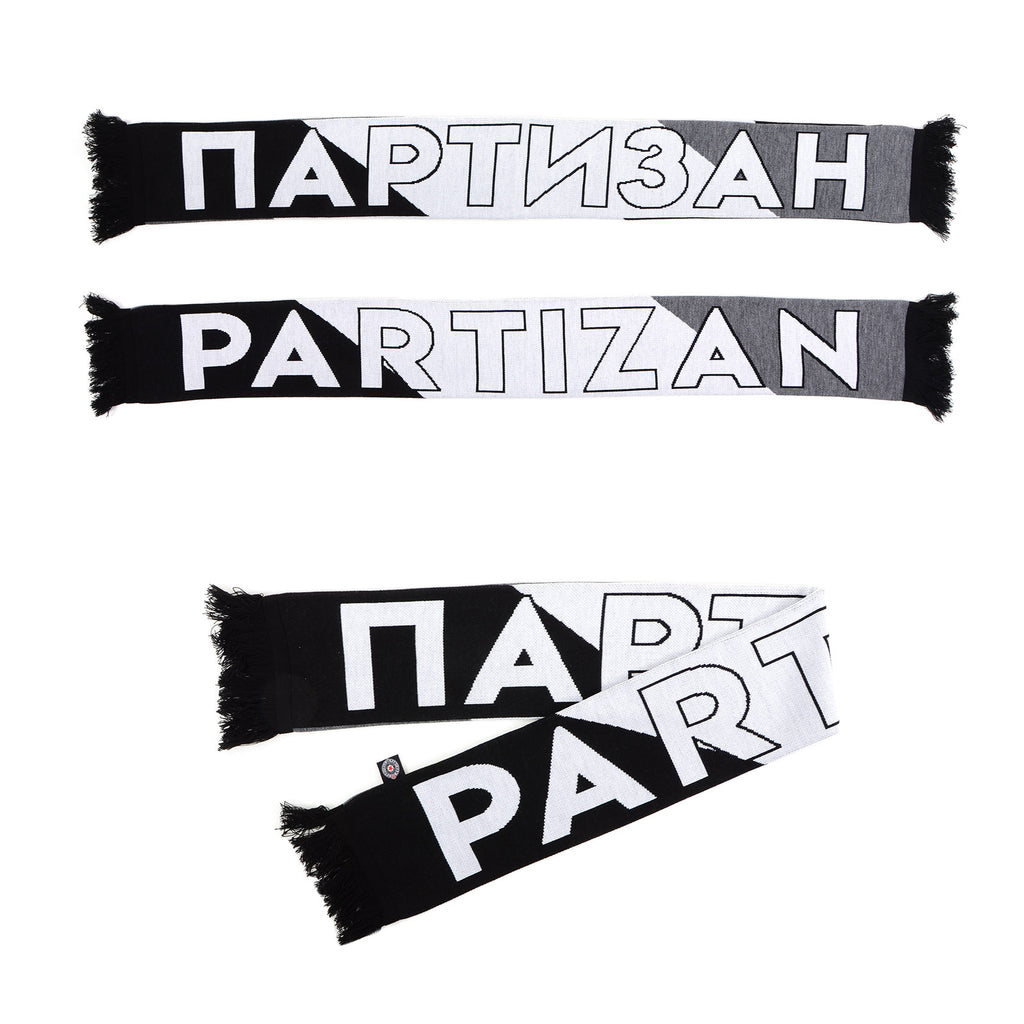 Šal "Partizan, ćirilica-latinica, kose pruge" crno-belo-sivi