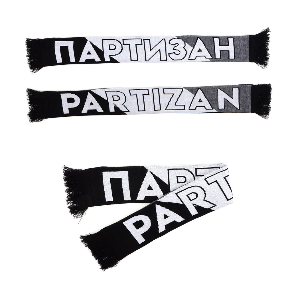 Dečiji šal "Partizan, ćirilica-latinica, kose pruge" crno-belo-sivi